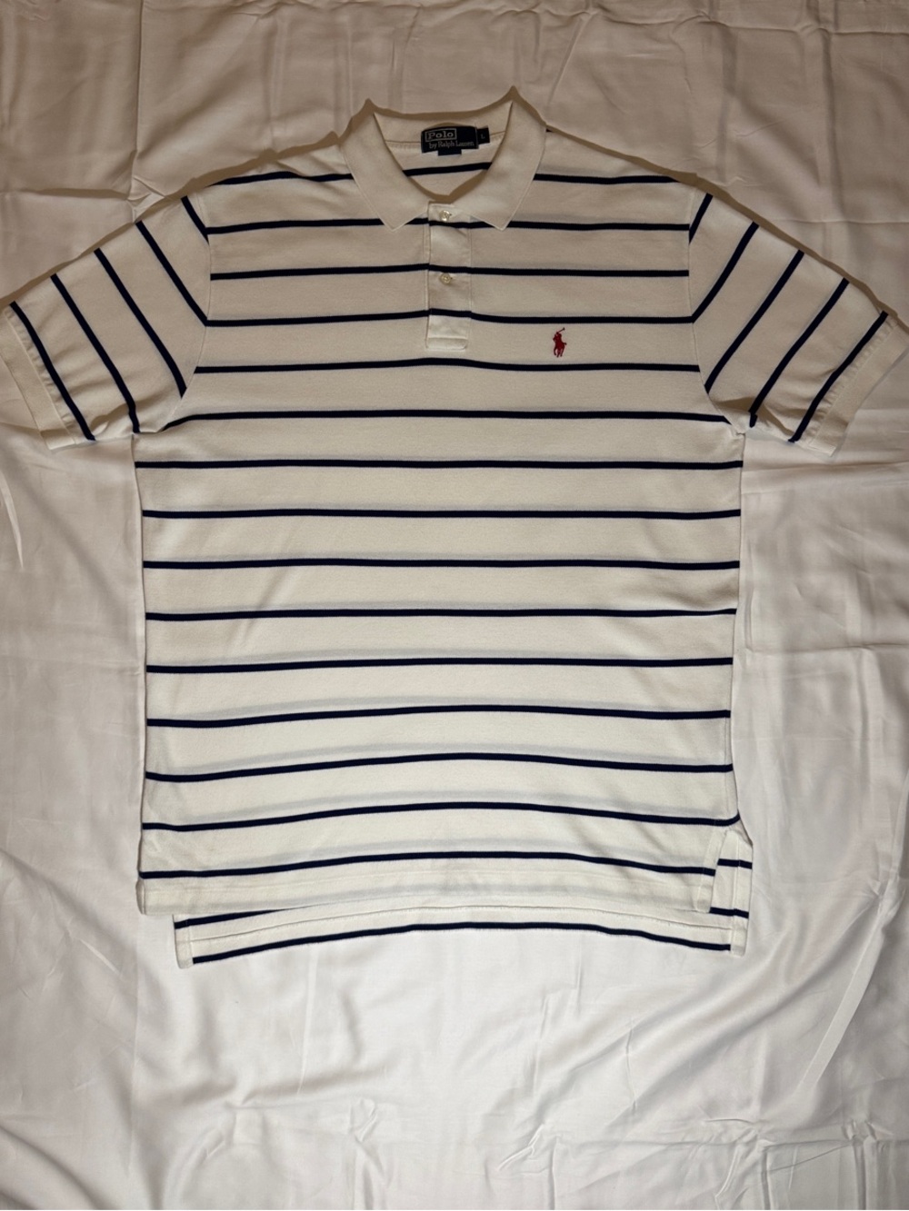 Ralph Lauren White Polo with Navy Stripes and Red Pony